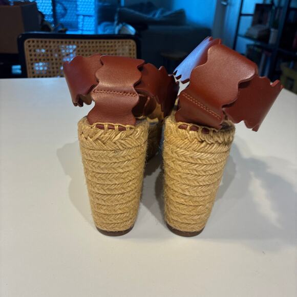 Chloé Brown Lauren Scalloped Leather Espadrille Wedge Sandals Sz 40 - Picture 12 of 13